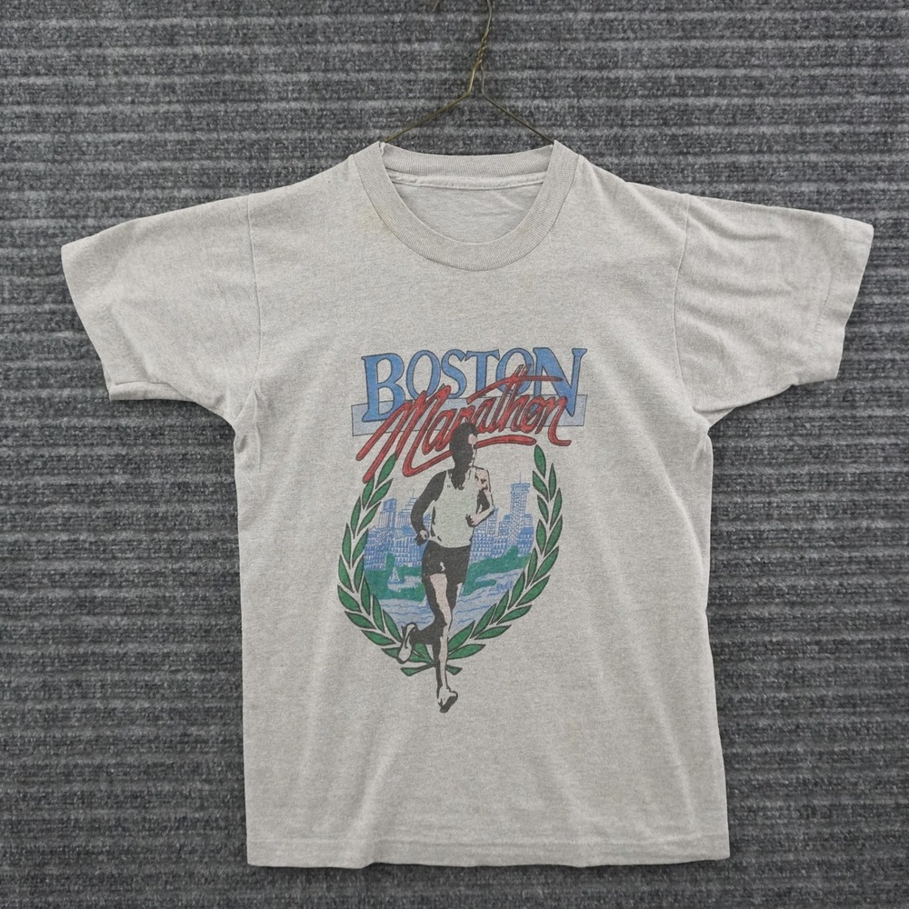Vintage 80s Thin Boston Marathon T-Shirt Small Gray Route Map Single Stitch
